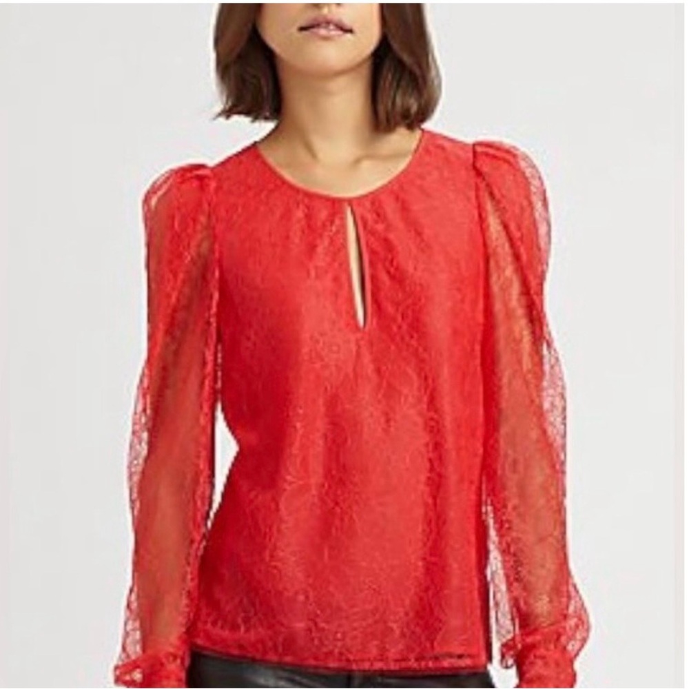#110  BCBG Max Azria Gorgeous Red Lace Blouse with Sheer Puff Sleeves. NWT